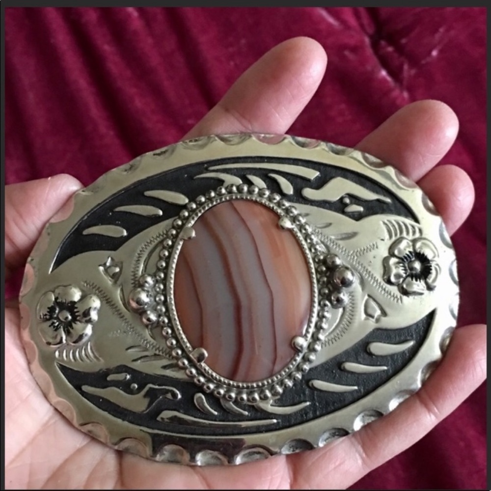 Agate Silver Tone Boho Western Gypsy Burning Man Stage Coach Festival Buckle